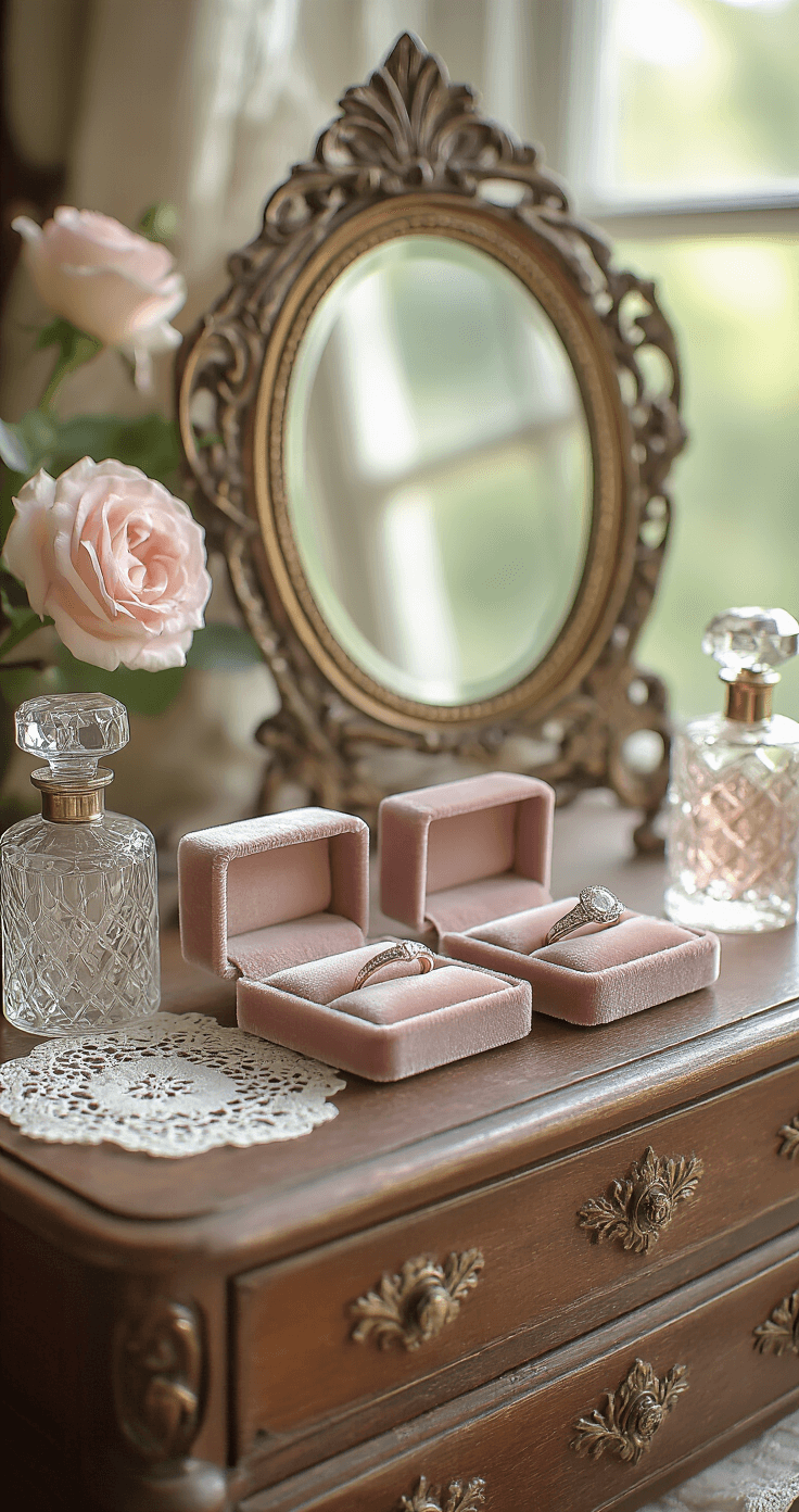 A soft morning light illuminates an antique dresser adorned with a vintage mirror, showcasing pre-owned wedding rings on velvet holders. The dreamy bokeh effect highlights the romantic hues of dusty rose, aged brass, and patinated silver, complemented by lace doilies and crystal perfume bottles.