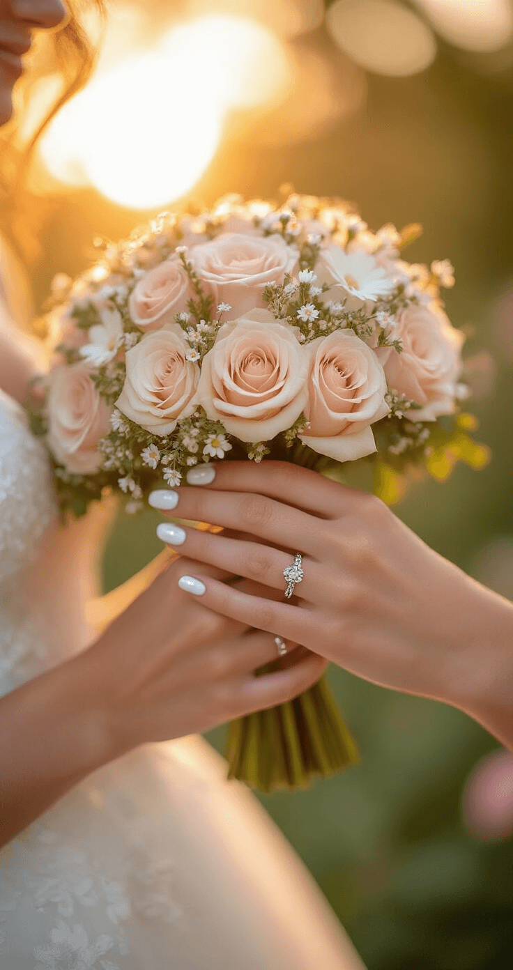 Close-up of a bride's hands holding a vintage-inspired bouquet, featuring milky white nails with pressed flower accents and a sparkling wedding band, set in a romantic outdoor garden during golden hour with pastel roses and greenery softly blurred in the background.