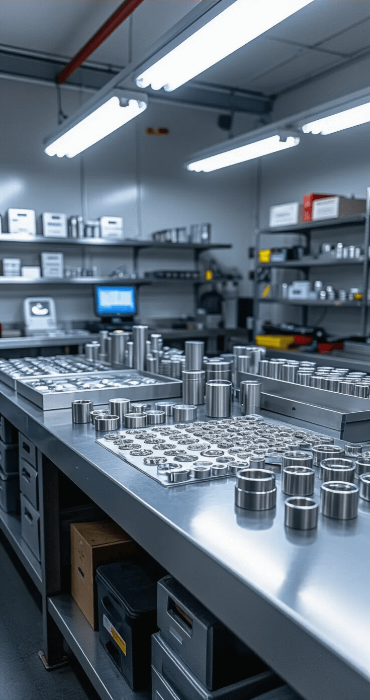 A modern jewelry workshop interior showcasing stainless steel workbenches, organized displays of titanium, tungsten, and sterling silver samples, with metal sizing tools and digital measuring devices; illuminated by overhead LED panels, with cool metallic tones and splashes of color.