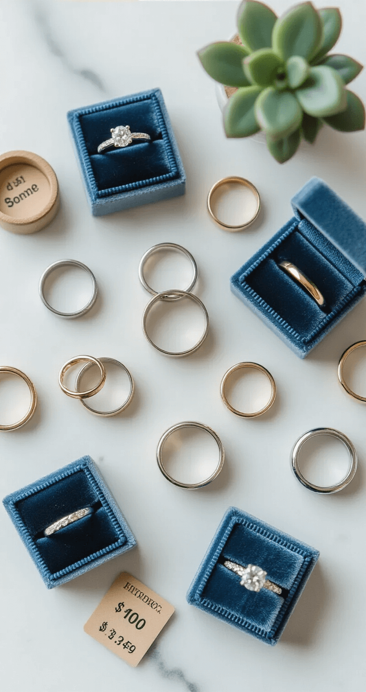Curated flat lay of budget-friendly wedding rings on a white marble surface, featuring various metals and styles with visible price tags, complemented by subtle blue velvet ring boxes and enhanced natural lighting for sparkle.