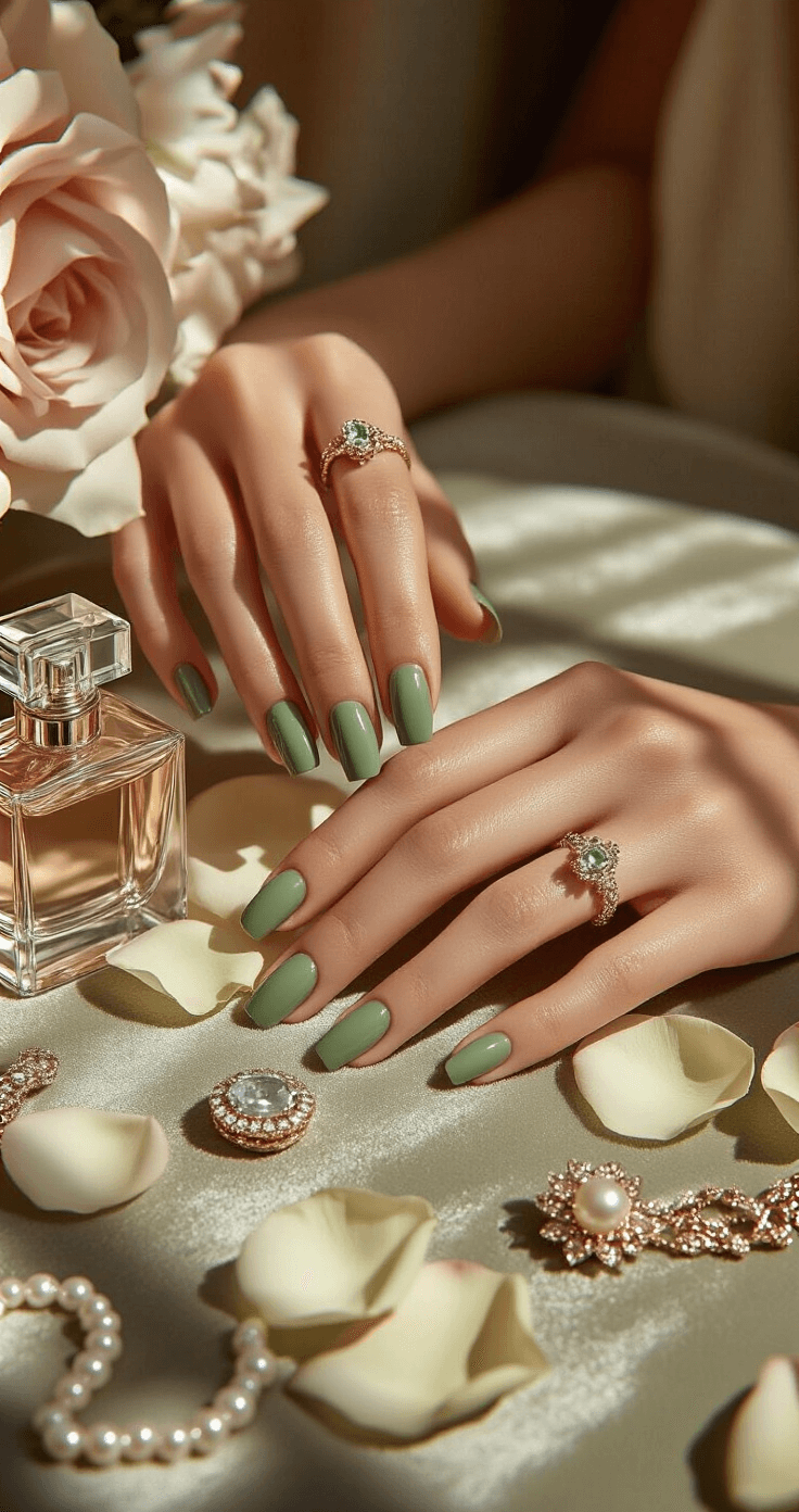 A luxurious getting-ready scene in a boutique hotel suite, featuring elegantly styled hands with sage green micro-tips surrounded by rose petals and vintage jewelry on plush velvet. Ambient window light casts sophisticated shadows while professional lighting enhances the nail finish. Crystal perfume bottles and pearl hair accessories add to the editorial aesthetic.