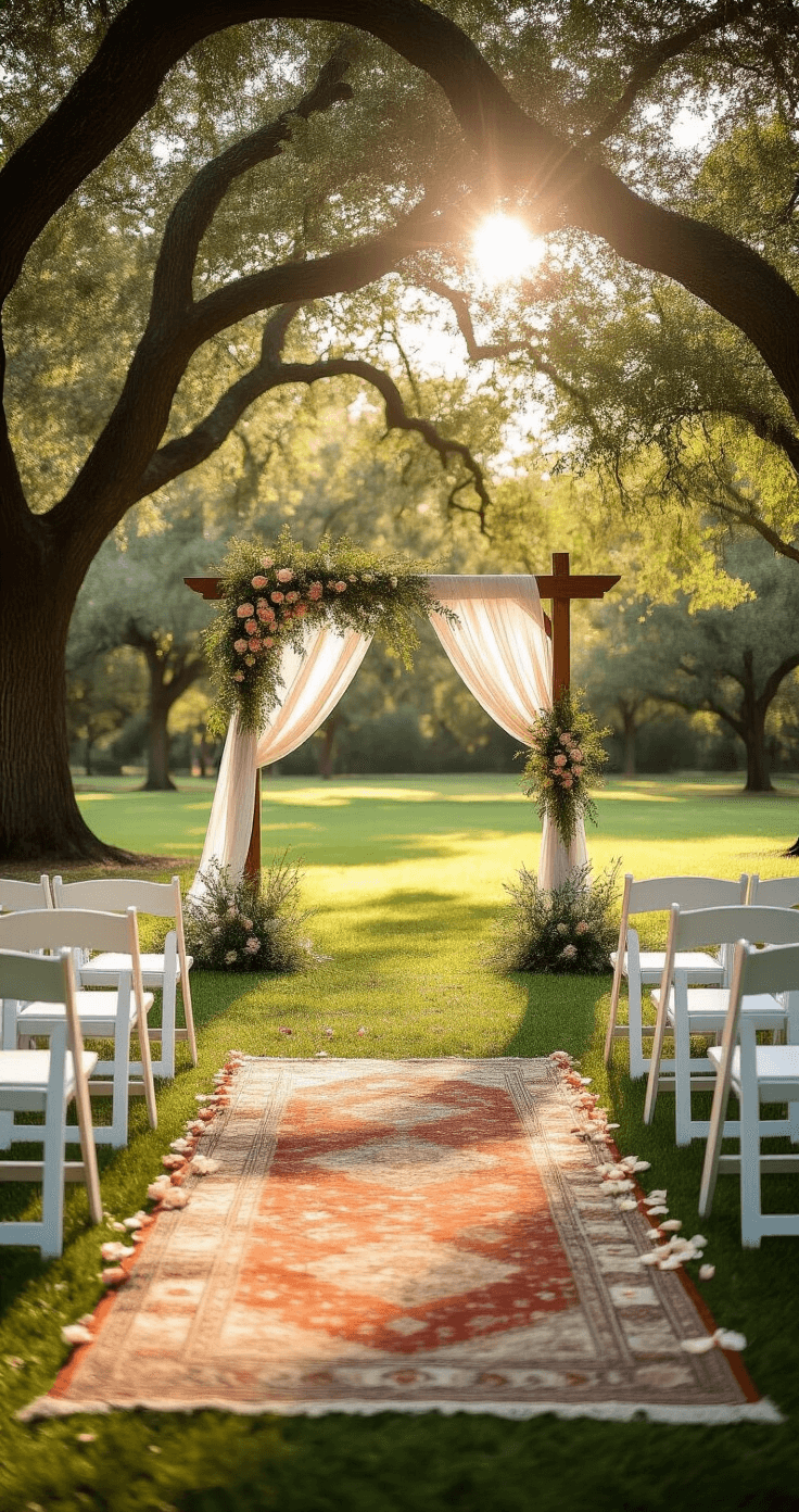 A romantic wedding setup in a sunlit public park at golden hour, featuring white wooden chairs arranged in a semi-circle around a natural wood arch decorated with wildflowers and flowing white fabric, surrounded by mature oak trees and dappled sunlight, with vintage Persian rugs and rose petals lining the aisle.