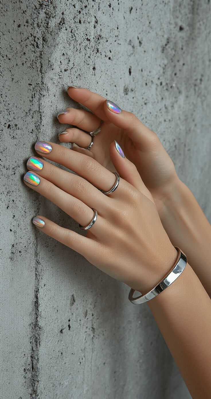 Close-up of a model's hands with an opal chrome manicure, showcasing color shifts in light, styled with minimalist silver rings and a sleek metal bangle, against a textured concrete backdrop with dramatic side lighting.