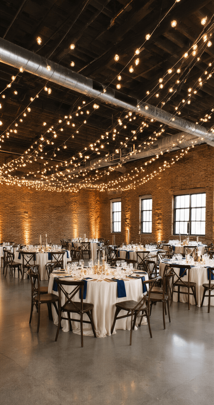 Modern wedding reception in a transformed community center featuring exposed brick walls and strategic uplighting, round tables with ivory linens and gold centerpieces, Edison bulb string lights overhead, and polished concrete floors reflecting warm ambient lighting.
