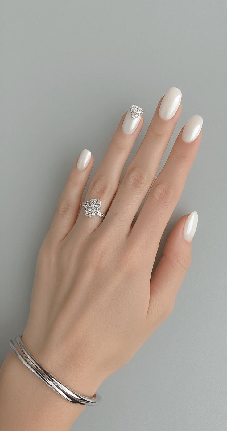 Close-up of hands displaying a squoval-shaped ivory manicure with hidden pearl accents on a light grey surface, featuring elegant lighting that highlights the shimmer, complemented by a statement ring and metallic bracelet.