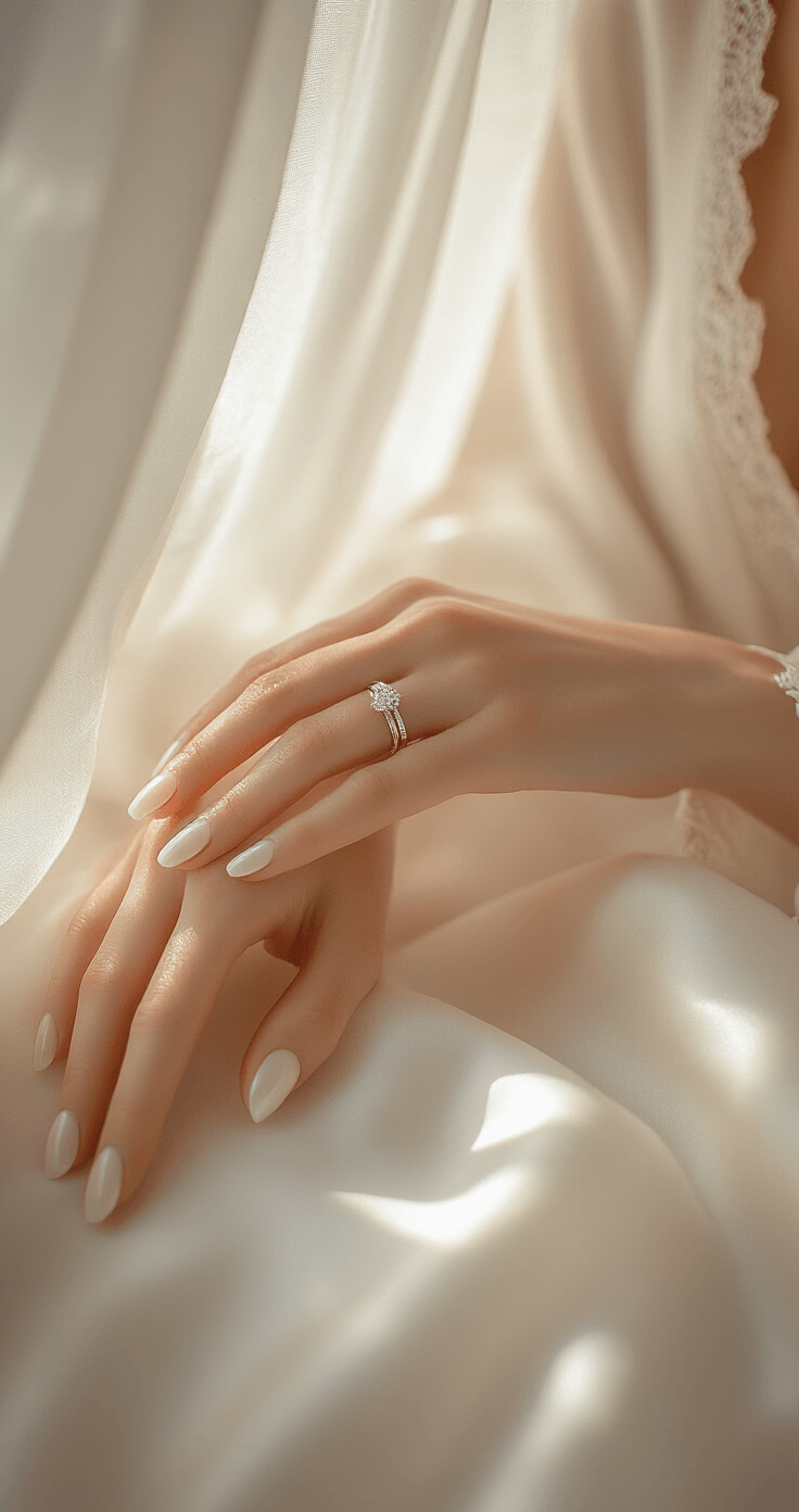 Bride's delicate hands with pearl nail accents rest on a white silk vanity, highlighting her engagement ring, bathed in early morning light, conveying a romantic and ethereal mood.