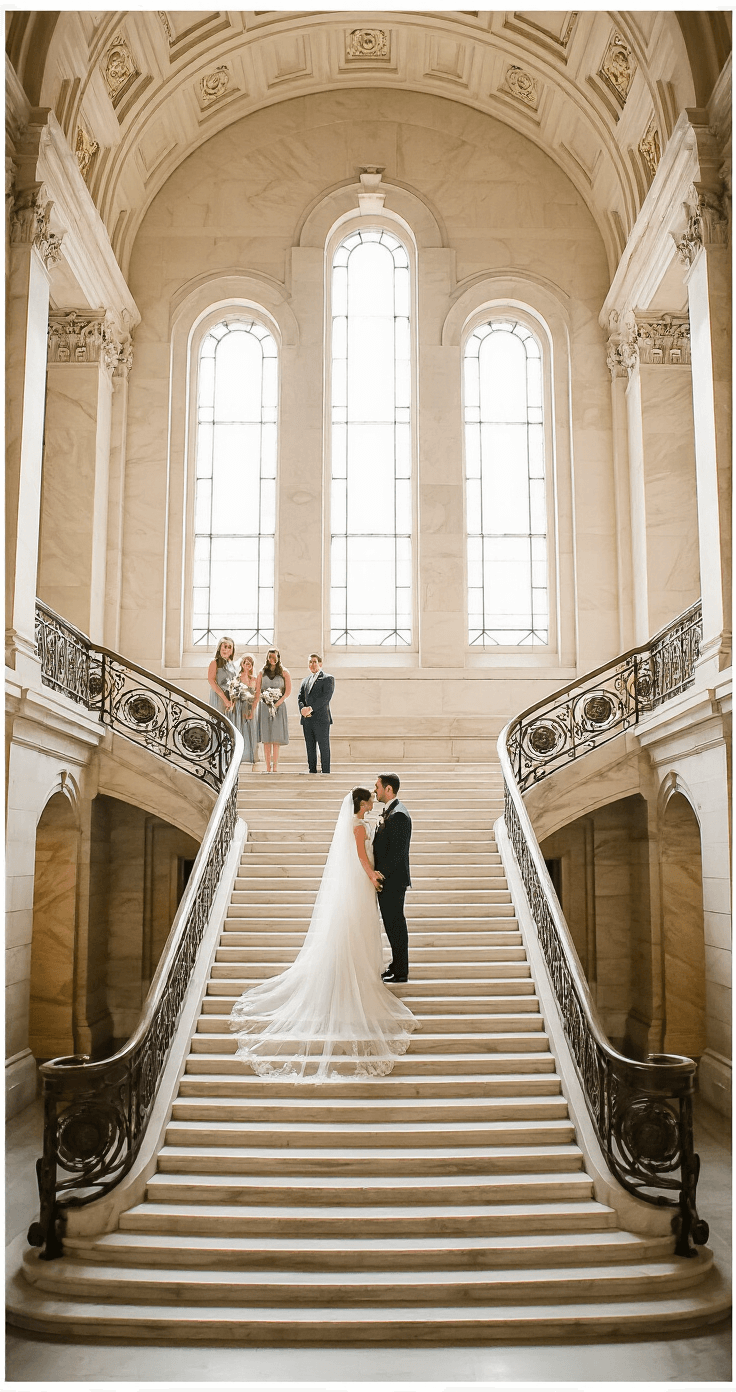 A courthouse wedding scene featuring a bride and groom on a grand marble staircase with ornate iron railings, bathed in soft morning light. The gathering of guests is informally positioned on the landing, while art deco architectural details are accentuated by natural light streaming through tall windows, creating a warm and elegant atmosphere.