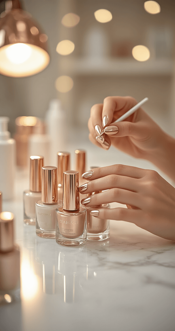 A modern nail salon interior during golden hour showcases a nail artist meticulously applying a champagne chrome finish to a bride's almond-shaped nails, surrounded by neatly arranged premium gel polishes in crystal-clear bottles, all set against a clean, minimalist backdrop of white marble and rose gold accents.