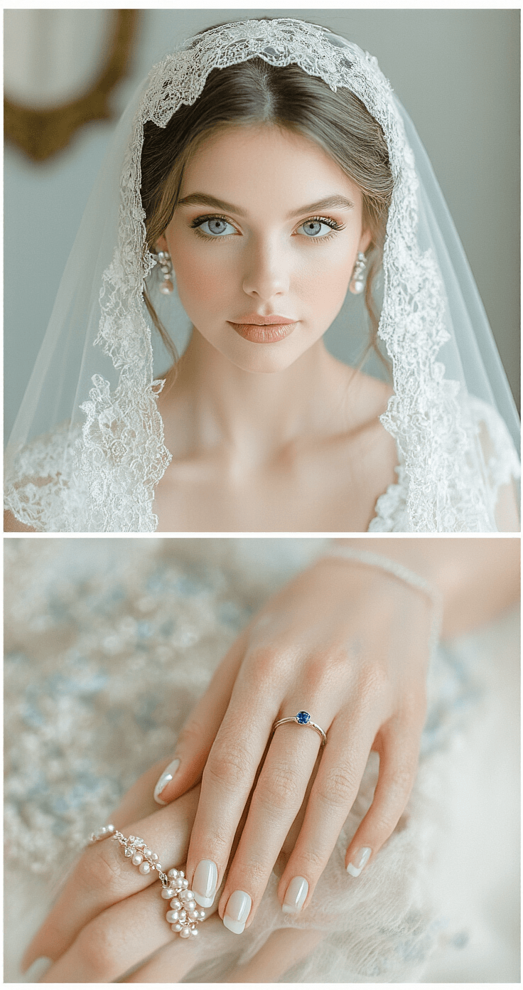 A flatlay of vintage-inspired bridal accessories, including a lace veil, pearl earrings, and hands with a classic French manicure accented by tiny blue crystals, all arranged in soft, diffused midday light with a pale blue and ivory color palette.