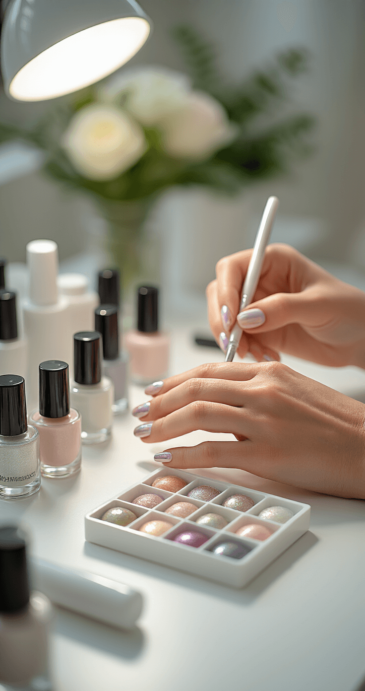 Close-up of a contemporary home studio featuring organized nail art tools and a premium gel polish collection, with hands applying iridescent neutral polish in morning light.
