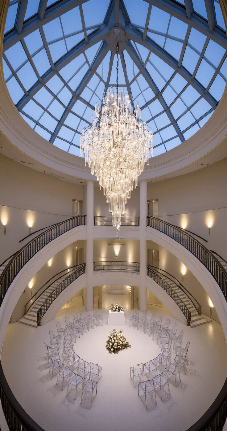 Wedding setup in a museum atrium at dusk, featuring a soaring glass ceiling and modern chandelier centerpiece, with ghost chairs arranged in concentric circles around a curved staircase backdrop, minimal floral installations, uplighting highlighting architectural features, shot from a mezzanine level to emphasize geometric patterns, in a color palette of glass, chrome, white, and subtle gold accents.