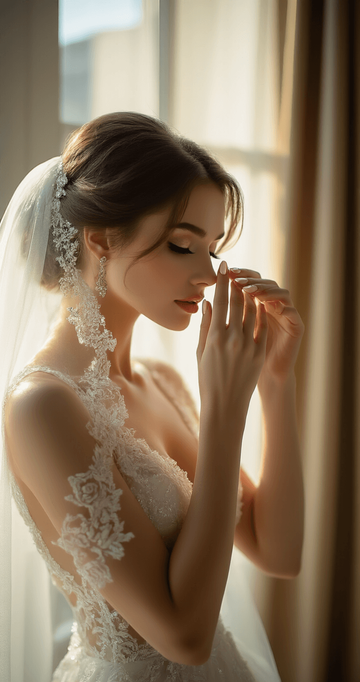 Bride adjusting her veil in a luxury hotel room at dusk, with a focus on her pearlescent blush pink oval-shaped nails. The dramatic window light casts sophisticated shadows, enhancing the subtle shimmer of her nails, complemented by a champagne and rose gold color palette.