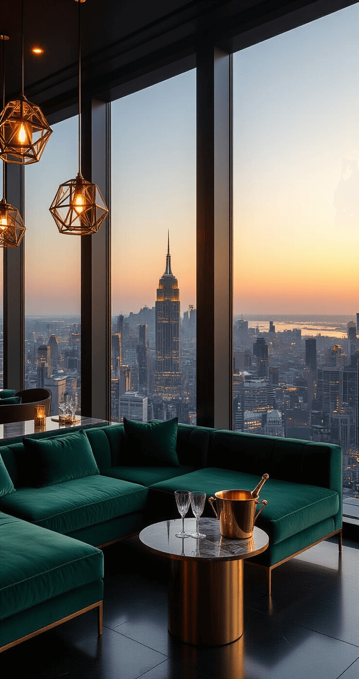 Interior of a modern rooftop bar featuring 20ft floor-to-ceiling windows showcasing a city skyline at golden hour, with a plush emerald velvet sectional, brass and marble side tables, warm amber lighting, crystal glasses, and matte black floors reflecting city lights, shot at eye level with lens flare.