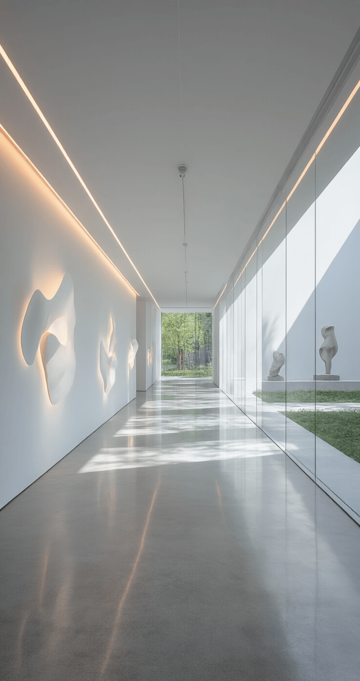 A minimalist art museum corridor featuring 30ft white walls with floating LED strips casting shadows, polished concrete floors reflecting abstract installations, and a glass partition revealing a sculpture garden, all illuminated by mid-morning skylight.