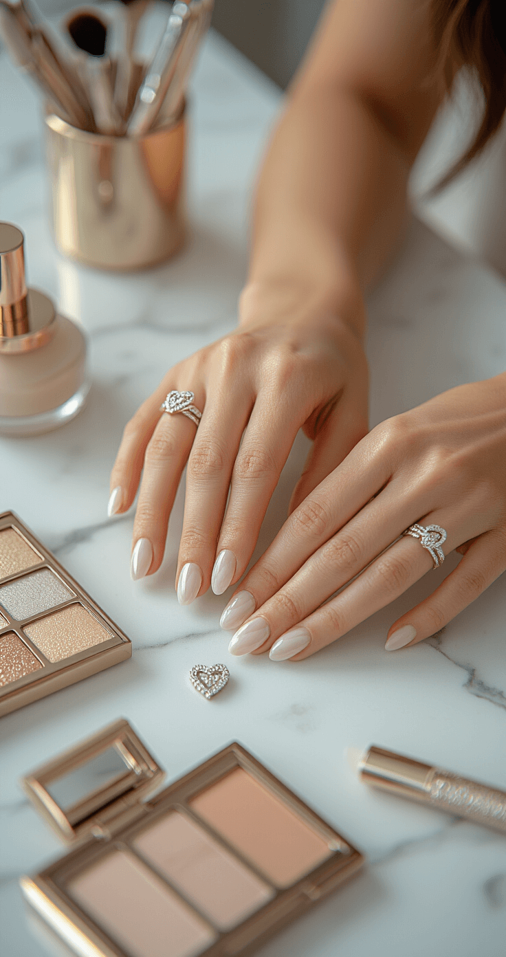 Bright and airy makeup station with a focus on hands arranging wedding day jewelry, featuring short, well-manicured nails with a minimalist heart accent design, illuminated by professional beauty dish lighting on a marble surface.
