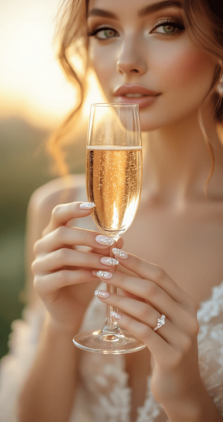 Bride in a garden terrace during golden hour, gracefully holding a delicate champagne flute with almond-shaped nails adorned with subtle rhinestone accents. The dreamy bokeh background and soft natural lighting create a romantic atmosphere, complemented by a pastel color palette featuring rose gold and cream.