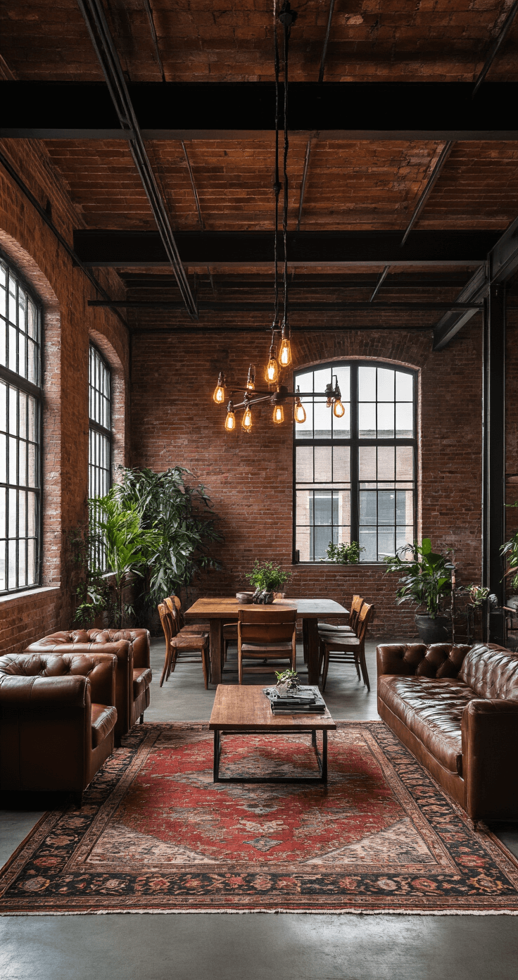 A spacious industrial loft at dusk featuring 15ft exposed brick walls and steel beams. The scene includes factory windows, a vintage Persian rug on raw concrete floors, modern leather furniture, and an antique wood dining table. An Edison bulb chandelier casts warm light, while plants introduce organic elements. The low camera angle accentuates the height of the ceiling, creating a moody, atmospheric ambiance with rich contrasts.
