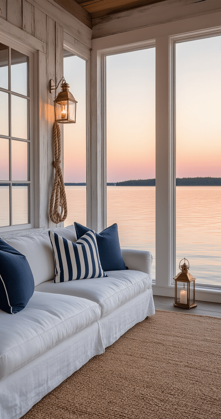 Interior of a serene lakeside boathouse at sunrise, featuring weathered wood walls, nautical decorations, and a white linen sofa with navy striped pillows. Floor-to-ceiling windows reflect a pink sky and calm water, complemented by brass lanterns, driftwood accents, and a natural jute rug, all illuminated by soft morning light.