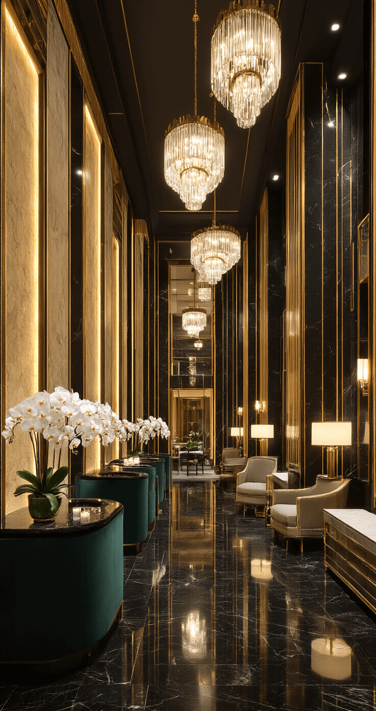 A luxurious downtown boutique hotel lobby at night featuring black marble floors, gold-veined wall panels, and crystal chandeliers, adorned with art deco furniture in jewel tones, mirrored accent walls, fresh white orchids in tall vases, and dramatic dimmed lighting, all captured from an eye-level perspective.