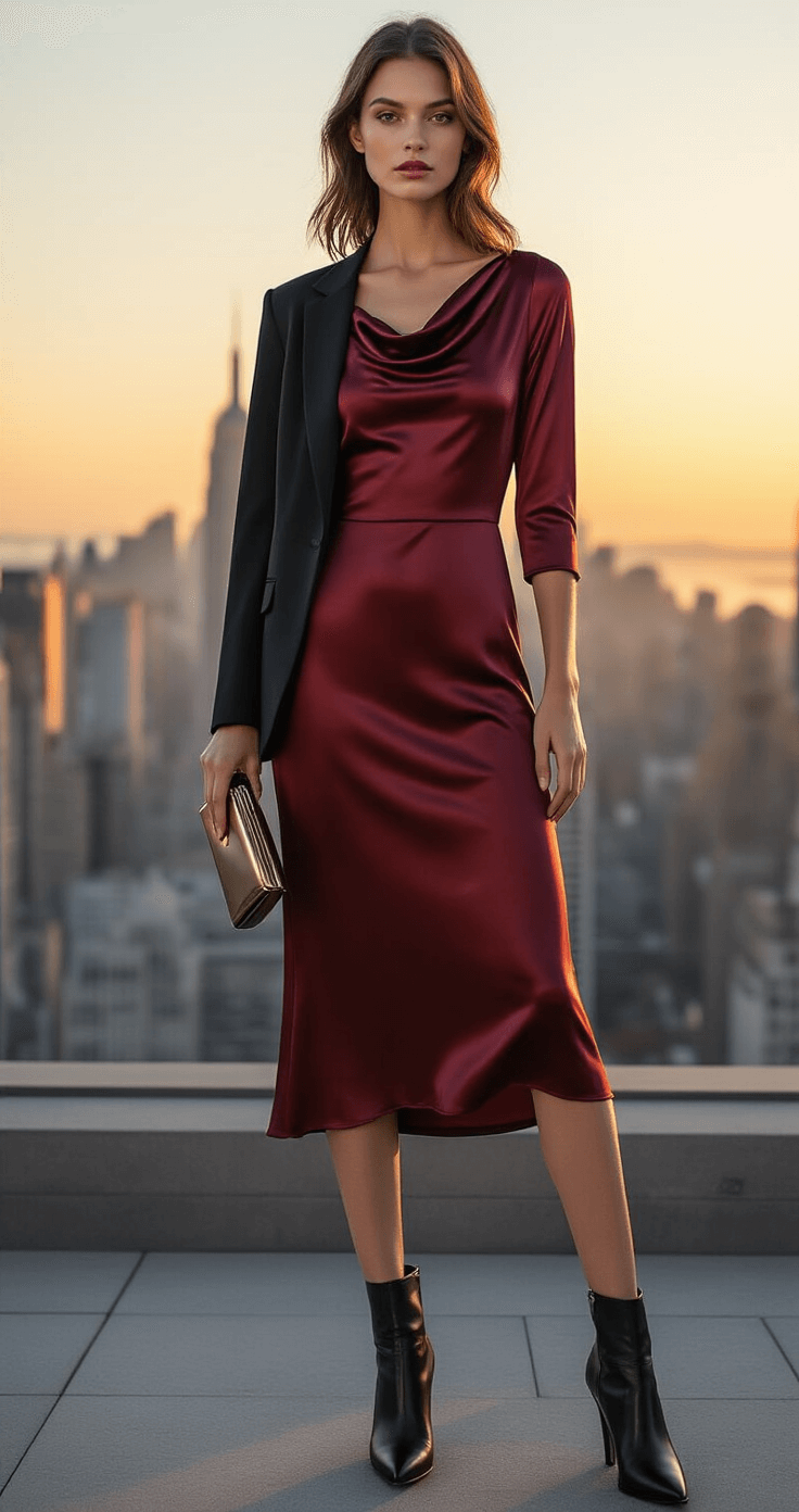 Fall Wedding Guest Dress: Your Ultimate Style for Autumn Celebrations A model in a burgundy satin midi dress with a cowl neck and three-quarter sleeves stands in a sophisticated urban rooftop setting at sunset, wearing black leather ankle boots and holding a metallic clutch. A tailored black blazer drapes over her shoulders, with the city skyline in the background reflecting golden light on her dress as a gentle breeze adds movement.