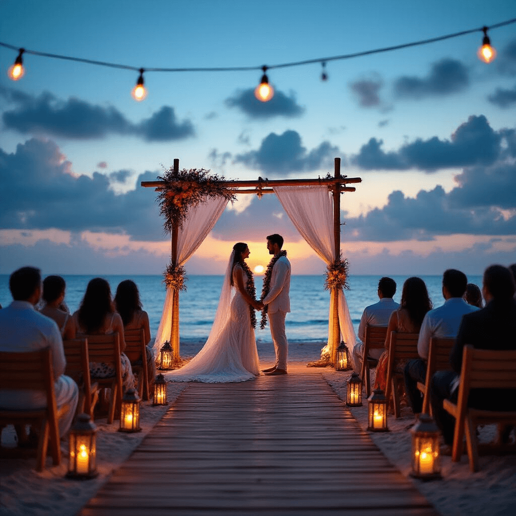 A romantic beachfront varmala ceremony at twilight, featuring a silhouetted couple exchanging flower garlands under a bamboo arch adorned with white fabric and tropical flowers, surrounded by tiki torches, lanterns, and guests on wooden benches, with string lights overhead and the ocean in the background.