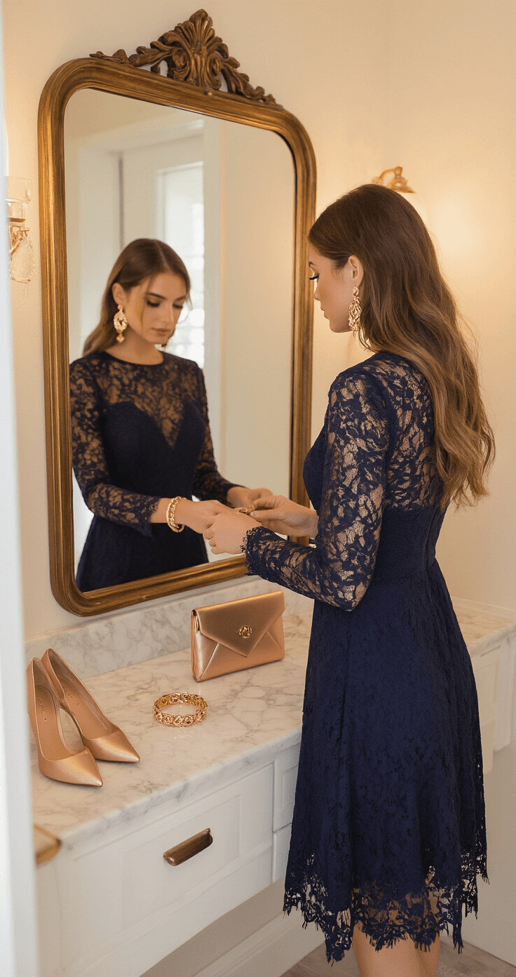 Fall Wedding Guest Dress: Your Ultimate Style for Autumn Celebrations Close-up of a model in a boutique dressing room, trying on a navy blue lace A-line dress with long sleeves. A vintage bronze mirror reflects the dress details, while rose gold accessories are arranged on a marble counter. Cream-colored pumps are visible in the foreground, and the scene is illuminated by soft ambient lighting and natural window light.
