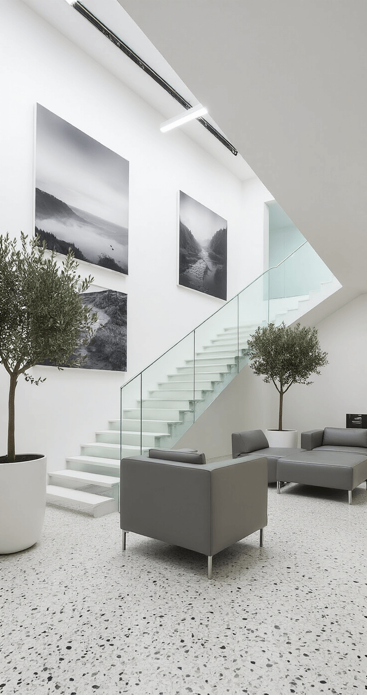A contemporary art gallery featuring large black and white photographs on 20ft white walls, with a floating glass-railed staircase and minimalist grey leather furniture. Potted olive trees enhance the space, while terrazzo floors introduce subtle patterns, all under bright gallery lighting captured with a wide-angle lens.