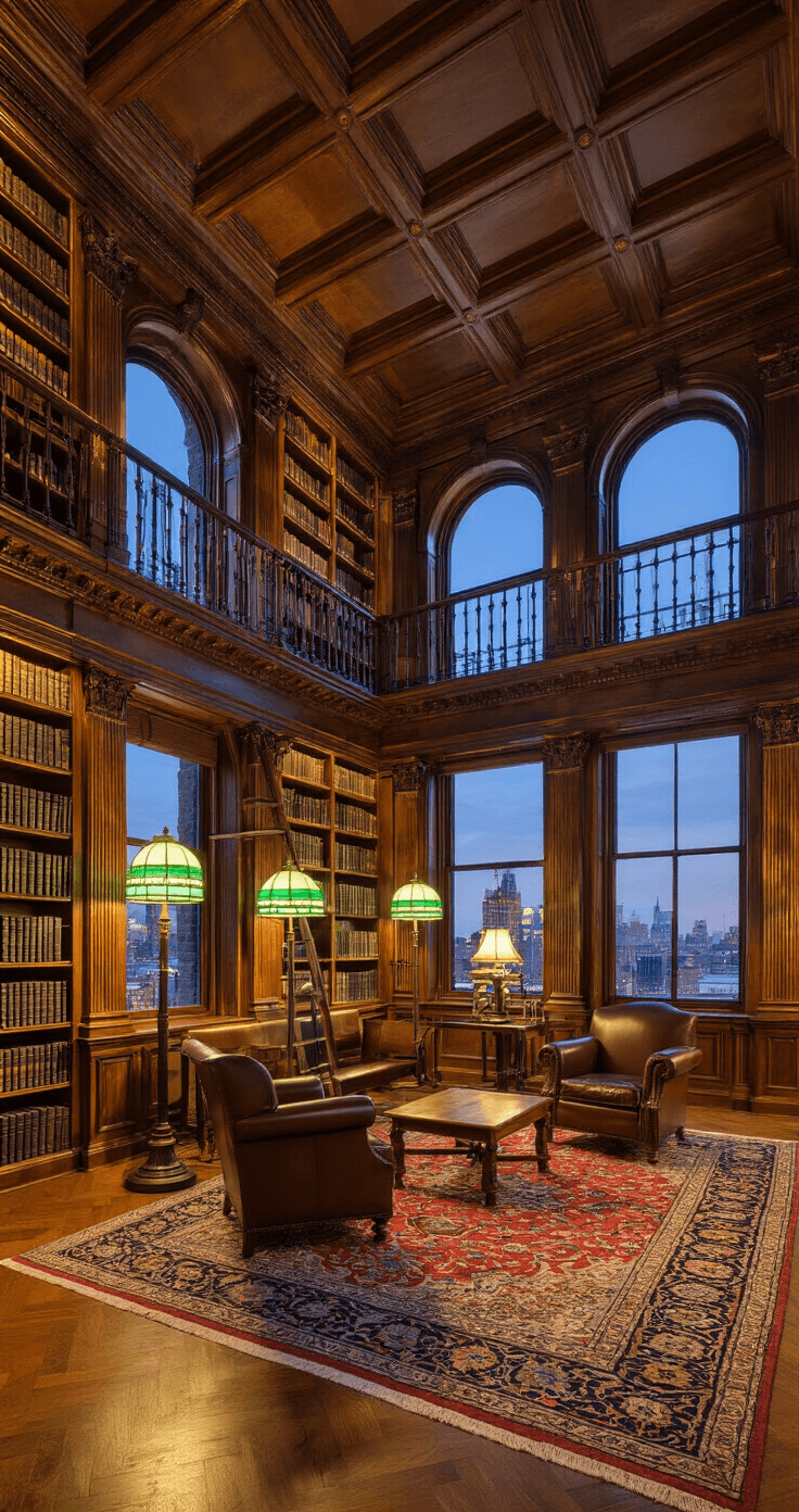 A majestic historic library reading room at dusk, featuring 25ft coffered ceilings and wall-to-wall mahogany bookshelves. Emerald glass lamps illuminate leather chairs on oriental rugs over hardwood floors. Brass ladder rails and globe stands provide metallic accents, while arched windows showcase city views. The low camera angle highlights the grandeur and dramatic shadows of the warm lighting.