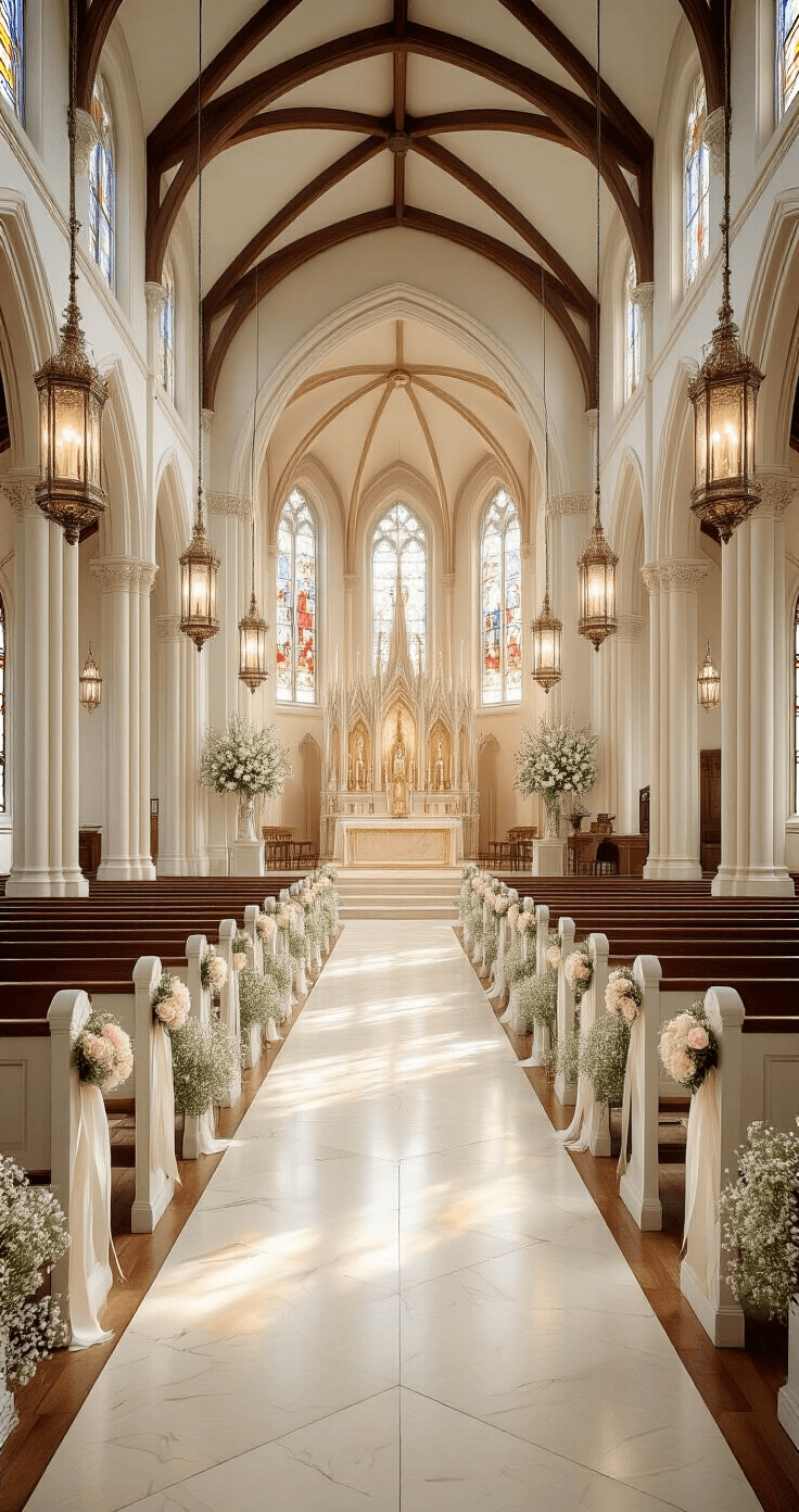 Christian Wedding Songs: A Comprehensive Guide to Celebrating Love and Faith Ethereal Gothic church interior with soaring vaulted ceilings, stained glass windows, cream marble aisle runner, antique brass lanterns with candles, white pews adorned with floral arrangements, and an ornate altar, captured from the back of the church in warm natural light.