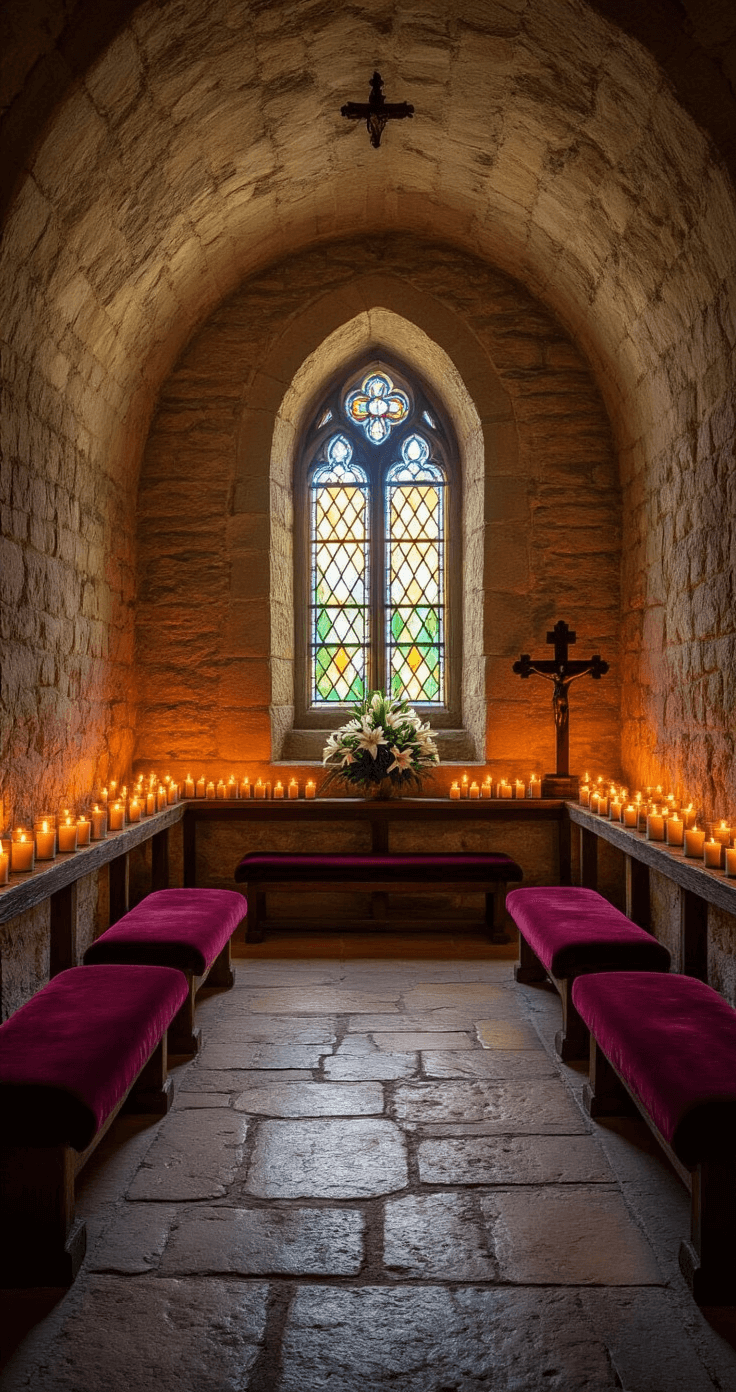 Christian Wedding Songs: A Comprehensive Guide to Celebrating Love and Faith Intimate prayer chapel with circular stone walls, illuminated by flickering votive candles. Deep burgundy velvet prayer kneelers and arched stained glass window casting rainbow light on the rustic floor. Simple wooden cross adorned with white lilies and eucalyptus, captured from a low angle showcasing ceiling details in moody chiaroscuro lighting.