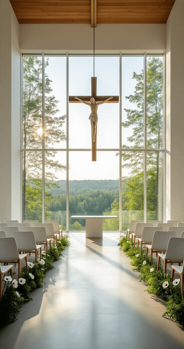 Christian Wedding Songs: A Comprehensive Guide to Celebrating Love and Faith A minimalist church sanctuary featuring 40-foot floor-to-ceiling windows with a forest view, a contemporary wooden cross sculpture, white Barcelona chairs in a semi-circle, and a concrete aisle adorned with trailing greenery and white anemone flowers, illuminated by dramatic afternoon sunlight.