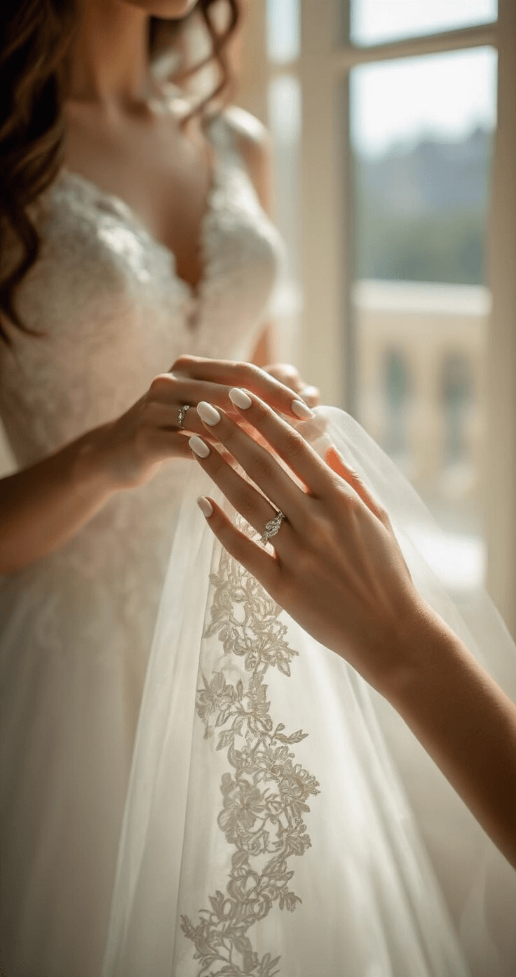Close-up of a bride's manicured hands with French tips holding a delicate lace veil in a sunlit luxury hotel suite, with a pearl-white wedding dress in the background and soft light reflecting off natural marble surfaces.