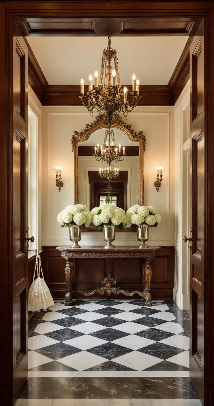 Christian Wedding Songs: A Comprehensive Guide to Celebrating Love and Faith Richly decorated church vestibule featuring mahogany paneling, marble floors, bronze chandeliers, gilded mirrors, and a vintage registry table surrounded by white hydrangeas and lace parasols, all captured in soft, elegant lighting.