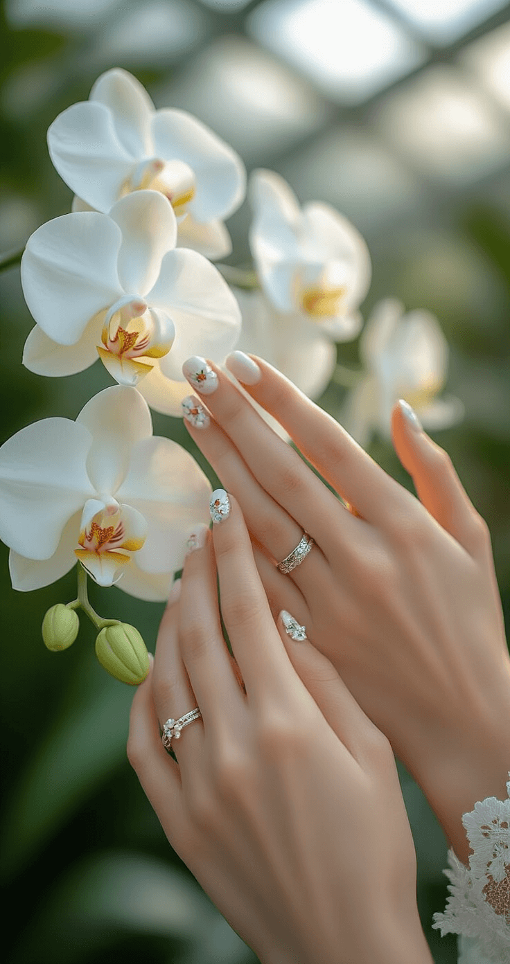 Close-up of bridal hands with minimal floral nail art, showcasing wedding rings and vintage lace details, against a backdrop of white orchids in a botanical garden greenhouse, illuminated by filtered natural light during golden hour.