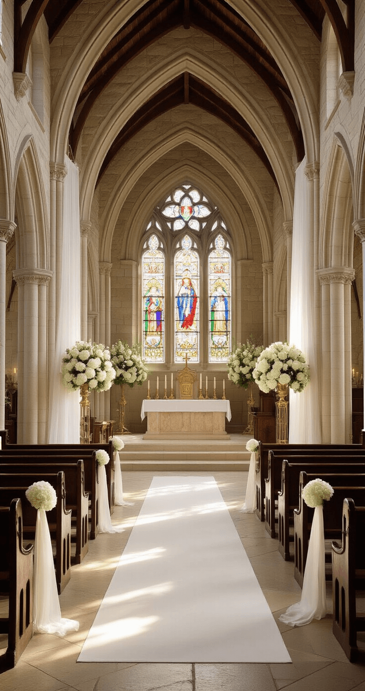 A wide-angle view of a sun-drenched stone chapel interior featuring gothic arches, dark oak pews with cream ribbons, and white hydrangea arrangements. Natural light streams through stained glass windows, illuminating the marble aisle and creating prismatic patterns on the stone floor. Soft tulle drapes between columns, enhancing the serene ambiance.