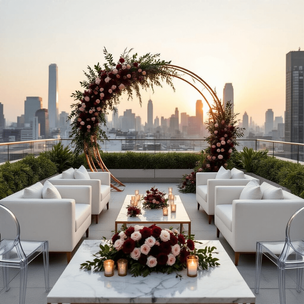 A modern rooftop terrace set for a stylish varmala ceremony, featuring white lounge furniture, a geometric copper arch with burgundy dahlias and blush roses, Lucite ghost chairs, and a marble bar cart displaying the couple’s varmalas with votives and orchid blooms, against a sunset city skyline.