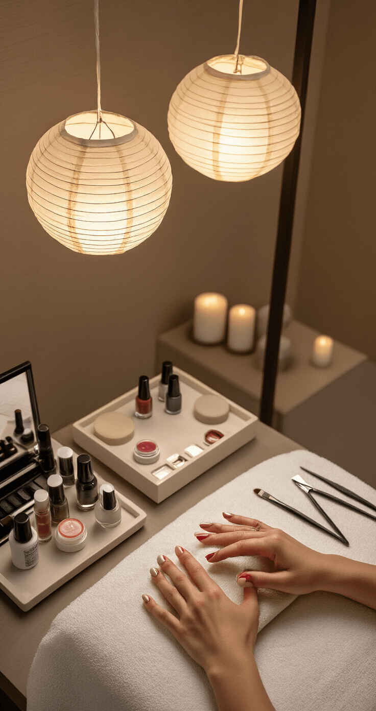 Top-down view of a luxury spa manicure in progress, showcasing gel application tools and a curated collection of nail polishes, all under soft ambient lighting from paper lanterns in a modern Japanese aesthetic.