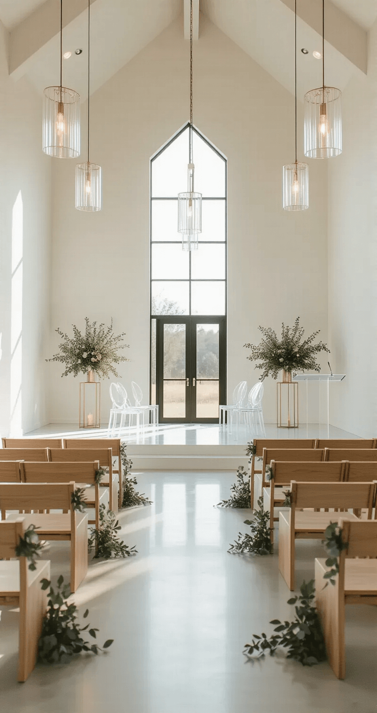 A spacious modern wedding venue featuring clean white walls and black metal-framed windows, with light wood benches lining a center aisle adorned with geometric brass candle holders and eucalyptus garlands. Floating crystal pendant lights illuminate the space, while a three-tiered acrylic altar platform sits in front, surrounded by clear ghost chairs and a lucite podium, captured from a mezzanine level during golden hour.