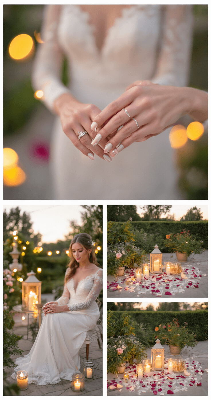 A bride's hands with perfectly manicured, subtly shimmering nails arrange wedding accessories on a romantic garden terrace at dusk, adorned with fairy lights, candles, vintage décor, and scattered rose petals, all captured in warm golden hour light.