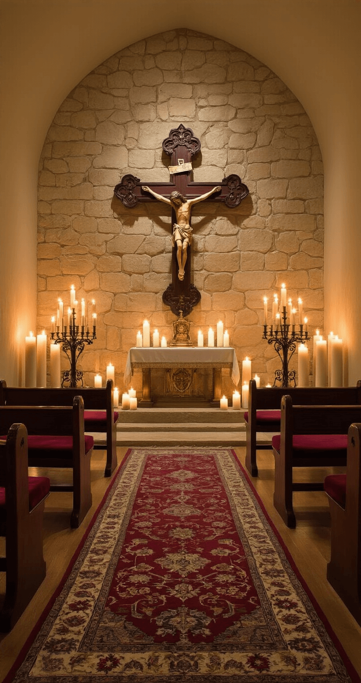 Cozy intimate chapel prayer room at dusk, featuring rich mahogany kneelers with burgundy cushions, an antique gold altar, and a carved wooden cross on a stone wall, illuminated by flickering candlelight.
