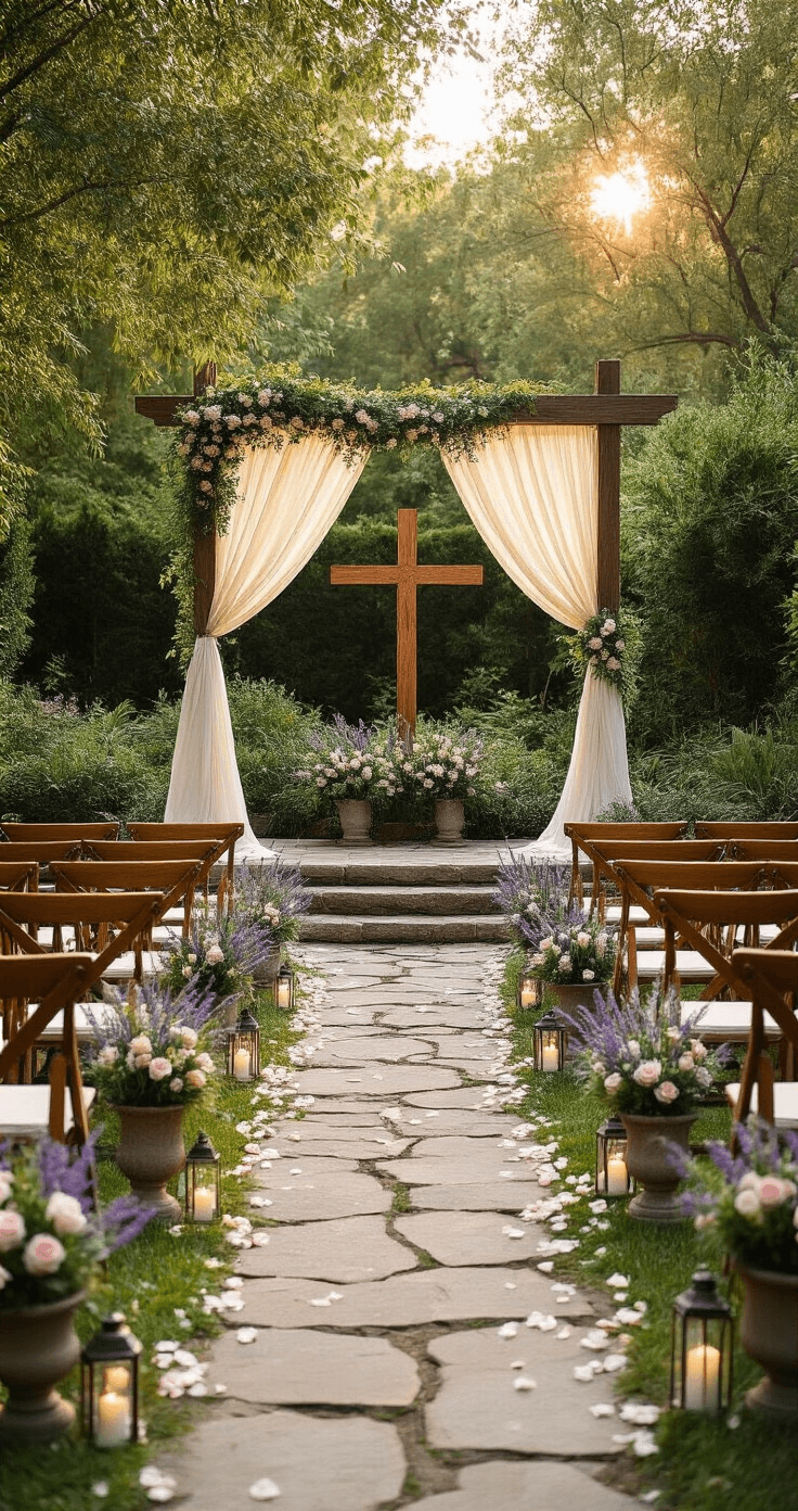Lush outdoor garden wedding ceremony setup with an ivory chiffon draped wooden cross altar, curved wooden cross-back chairs decorated with lavender, a stone pathway lined with lanterns and rose petals, and floral arrangements in stone urns, captured at golden hour from an elevated perspective.