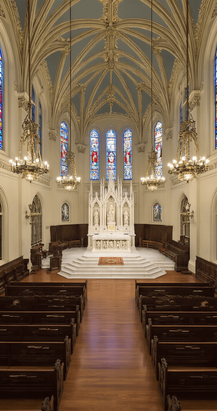 A grand 19th-century church sanctuary featuring 30ft coffered ceilings, elaborate crown molding, and ornate stained glass windows casting colorful light on original hardwood floors. Dark wooden pews flank a wide center aisle with a vintage runner, beneath massive brass chandeliers. A white marble altar with carved biblical scenes is prominently displayed, captured from the balcony with a wide-angle perspective.