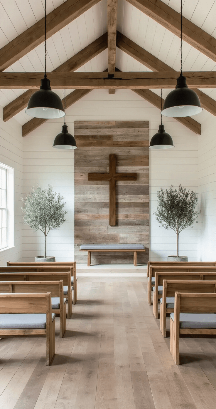 Light-filled rustic chapel interior featuring exposed wooden beams, whitewashed shiplap walls, industrial black pendant lights, and a wooden cross on a reclaimed wood wall, with wooden pew benches arranged in a semi-circle and potted olive trees framing the altar area.