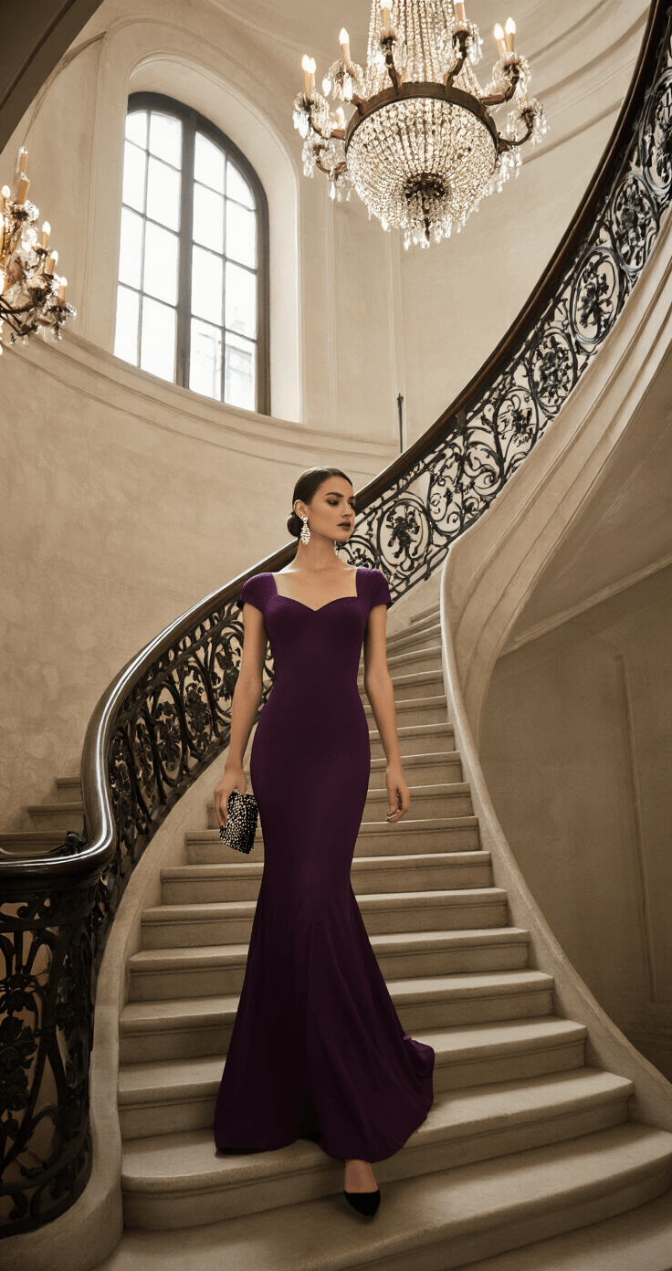 The Ultimate Guide to Rocking a Formal Wedding Guest Dress in 2024 A model descends an elegant ballroom staircase in a fitted plum-colored gown with cap sleeves and a mermaid silhouette, wearing diamond drop earrings. Black suede pumps peek out from beneath her gown, and she holds a small art deco-inspired beaded clutch. The wide shot captures the dramatic architecture and graceful movement of the dress in the soft evening light.