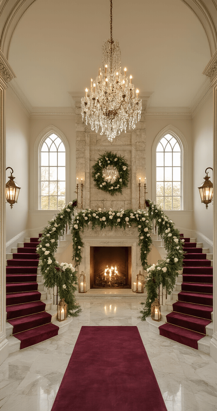 A grand Victorian entrance hall with a 20-foot ceiling, featuring a stone fireplace adorned with evergreen garlands and white roses, and twin staircases with burgundy velvet runners, illuminated by a crystal chandelier and natural light from arched windows.