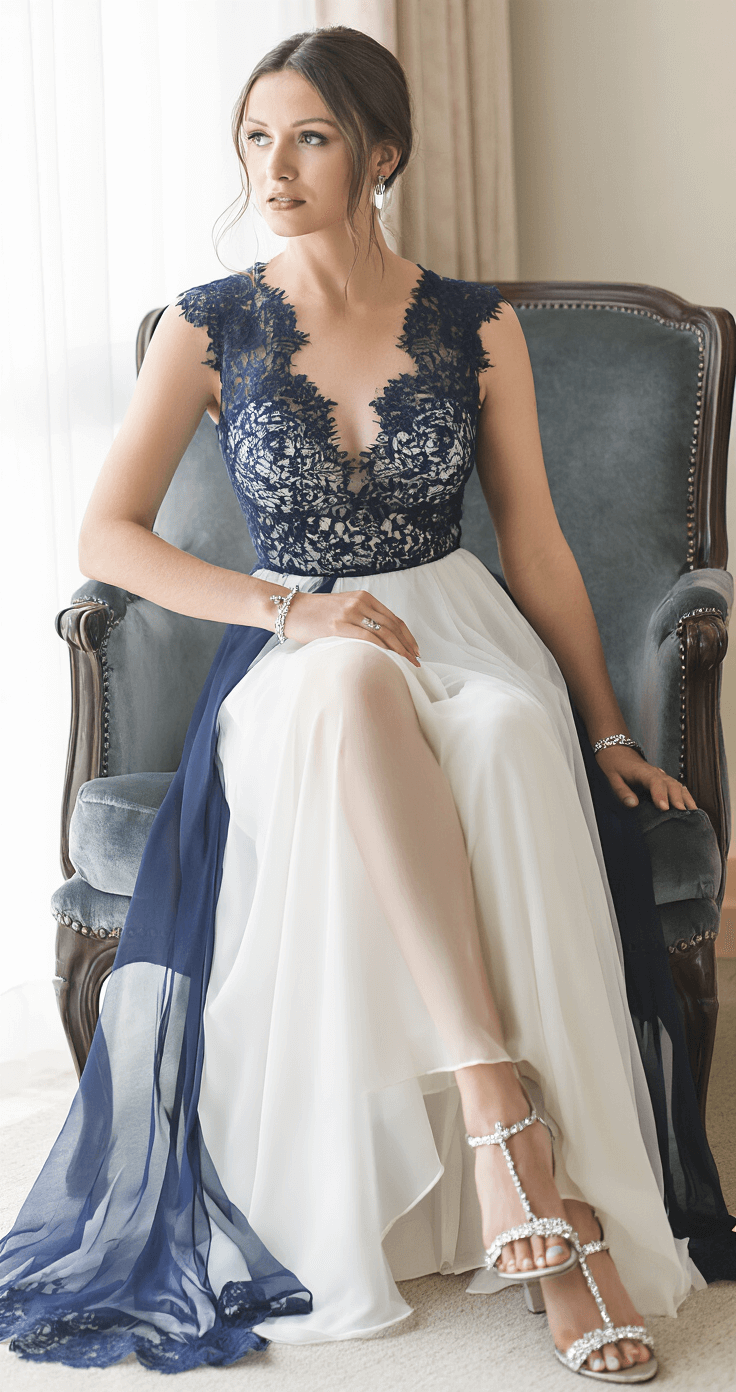The Ultimate Guide to Rocking a Formal Wedding Guest Dress in 2024 A woman in a navy blue lace and crepe gown seated on a velvet chair, with soft afternoon light illuminating the intricate lace bodice and flowing skirt. She wears a delicate silver bracelet and matching ear cuff, with crystal-embellished evening sandals crossed at her ankles in a close-up intimate portrait.
