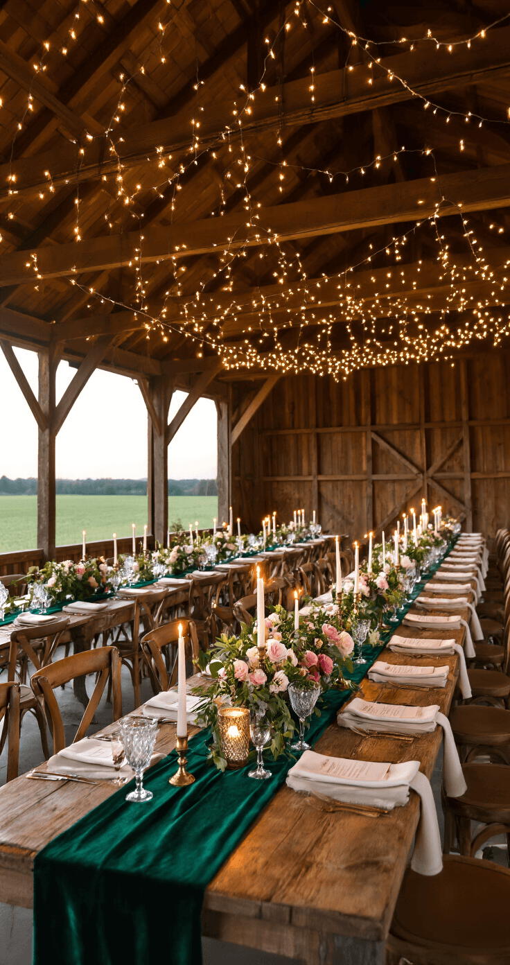 A cozy rustic barn reception space at dusk featuring long farm tables with emerald velvet runners and ivory linens, adorned with brass candelabras, floral arrangements, and twinkling fairy lights among exposed wooden beams.
