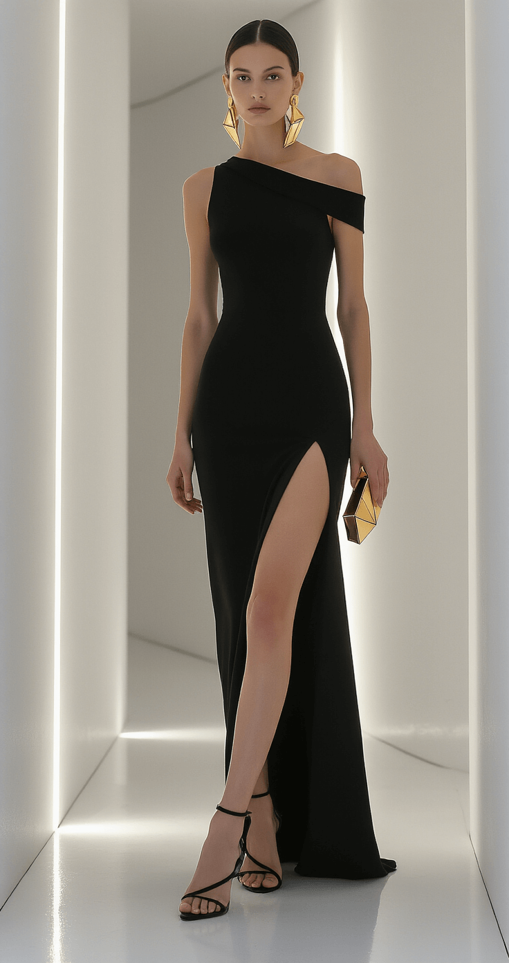 The Ultimate Guide to Rocking a Formal Wedding Guest Dress in 2024 A woman in a black column gown with a thigh-high slit and one-shoulder detail poses in a modern art gallery with dramatic evening lighting, showcasing gold architectural earrings and a geometric gold clutch against white walls.