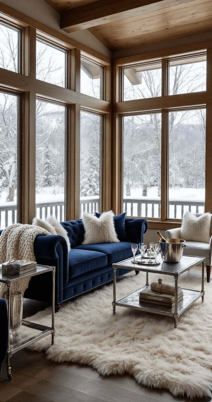 A cozy lodge-style seating area featuring a navy velvet chesterfield sofa and silver metallic accent chairs, with chunky knit ivory throws. A crystal ice bucket with champagne rests on a distressed silver bar cart, while faux fur rugs layer the hardwood floor. The space is illuminated by late afternoon light, creating a warm ambiance against the snow-covered landscape visible through floor-to-ceiling windows.