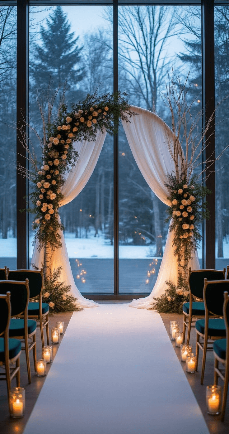 A 12-foot-tall arch made of white birch branches and pine boughs adorned with garden roses, surrounded by sheer ivory draping, in front of a massive window wall; hundreds of votive candles in mercury glass holders line a forest green velvet chair aisle with gold chiavari details, captured during blue hour.